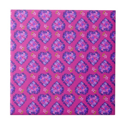 Chic Magenta Herz und Blume Keramik Tile Fliese (Vorderseite)