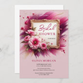 Chic magenta rosa Blume Goldrahmen Bridal Einladung (Vorne/Hinten)