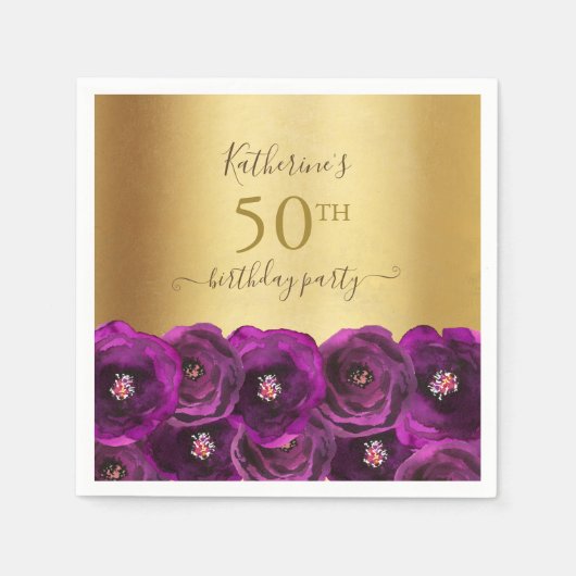 Chic Magenta Rose Floral Gold 50th Birthday Party Serviette (Vorderseite)