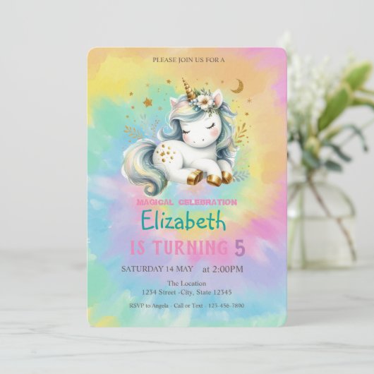 Chic Magical Unicorn Rainbow Gefärbte Krawatte Geb Einladung (Stehend Vorderseite)