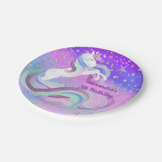 Chic Magical Unicorn Silver Stars Pappteller (Schrägansicht)