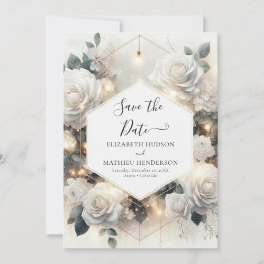 Chic Magical White Roses Wedding Save The Date (Vorderseite)