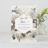 Chic Magical White Roses Wedding Save The Date (Stehend Vorderseite)