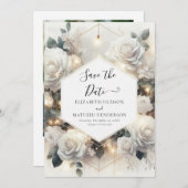 Chic Magical White Roses Wedding Save The Date (Vorne/Hinten)