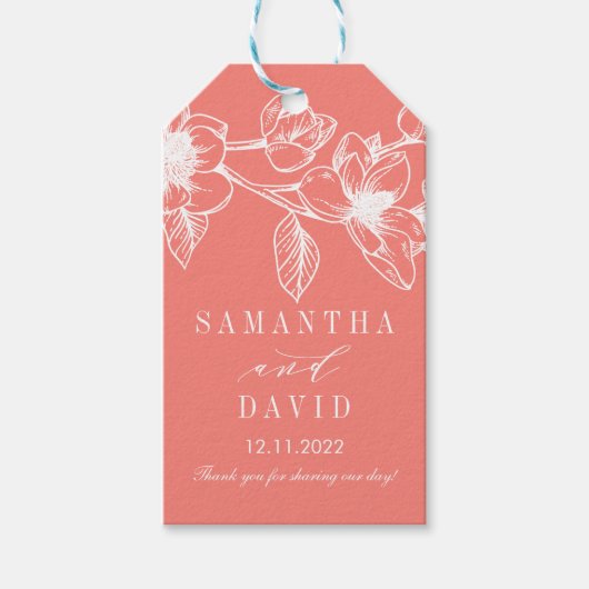 Chic Magnolia Blume | Korallen | Hochzeit Geschenkanhänger (Vorderseite)