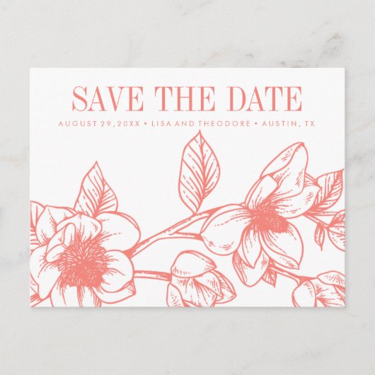 Chic Magnolia Blume | Korallen | SAVE THE DATE Ankündigungspostkarte (Vorderseite)