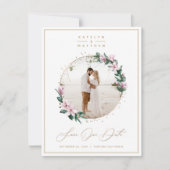 Chic Magnolia Floral mit Gold Circle Gerahmtes Fot Save The Date (Vorderseite)
