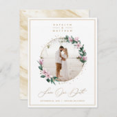 Chic Magnolia Floral mit Gold Circle Gerahmtes Fot Save The Date (Vorne/Hinten)