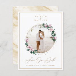 Chic Magnolia Floral mit Gold Circle Gerahmtes Fot Save The Date