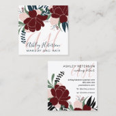 Chic Makeup Red Bloral Navy Skript Monogramm Quadratische Visitenkarte (Vorne/Hinten)
