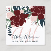 Chic Makeup Red Bloral Navy Skript Monogramm Quadratische Visitenkarte (Vorderseite)