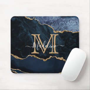 Chic Marble Agate Geode Navy Blue Gold Monogram Mousepad