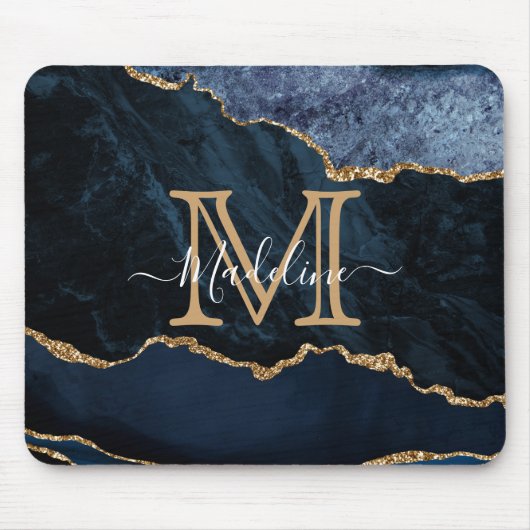 Chic Marble Agate Geode Navy Blue Gold Monogram Mousepad (Vorne)