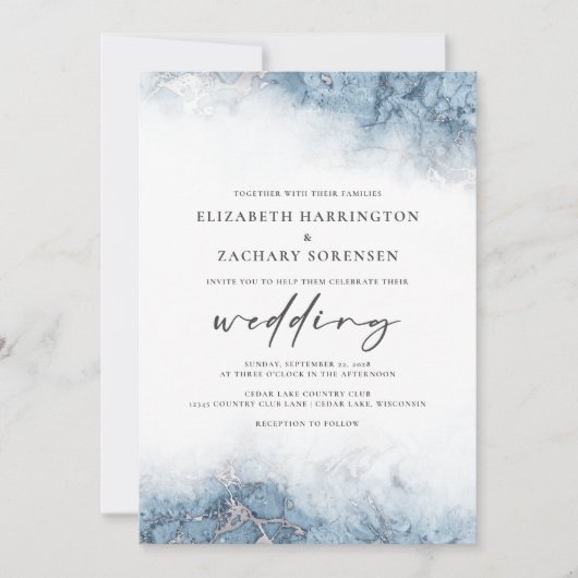 Chic Marble Blue Silver Wedding Einladung (Vorderseite)