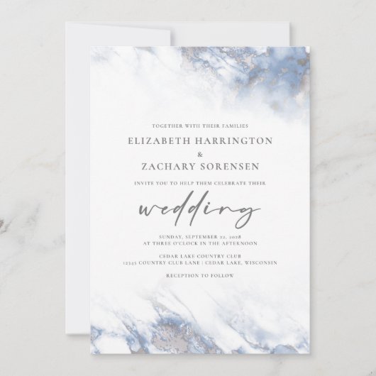 Chic Marble Dusty Blue Silver Wedding Einladung (Vorderseite)