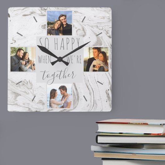 Chic Marble Foto Collage Happy Together Quadratische Wanduhr