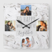 Chic Marble Foto Collage Happy Together Quadratische Wanduhr (Vorderseite)
