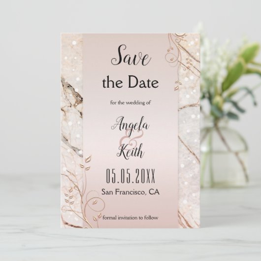 Chic Marble Rose Gold Floral Save the Date Karte (Stehend Vorderseite)