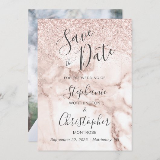 Chic Marble Rose Gold Glitzer Foto Save the Date Einladung (Vorne/Hinten)