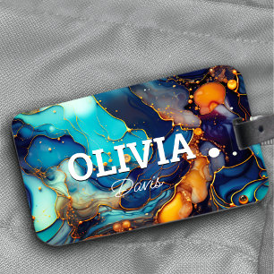 Chic Marine Aqua Orange Marmor Imitate Glitzer Mon Gepäckanhänger