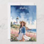 Chic Marine Landscape Lighthouse Brunette Girl Einladung (Vorderseite)