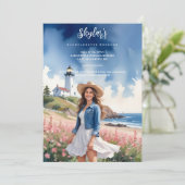 Chic Marine Landscape Lighthouse Brunette Girl Einladung (Stehend Vorderseite)