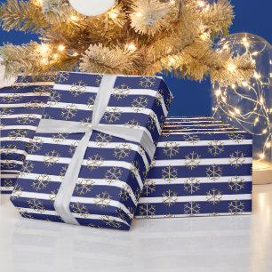 Chic marineblaue, weiße Streifen und Schneeflocke Geschenkpapier