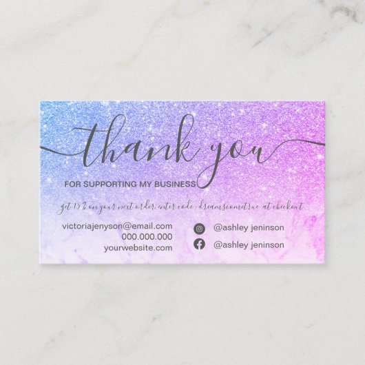 Chic Marmor blauer lila Glitzer Ordnung danke Visitenkarte (Vorderseite)