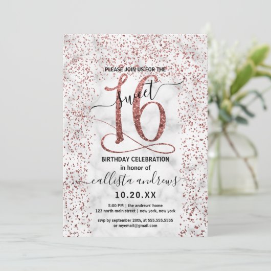 Chic Marmor Rose Gold Confetti Border Sweet 16 Einladung (Stehend Vorderseite)