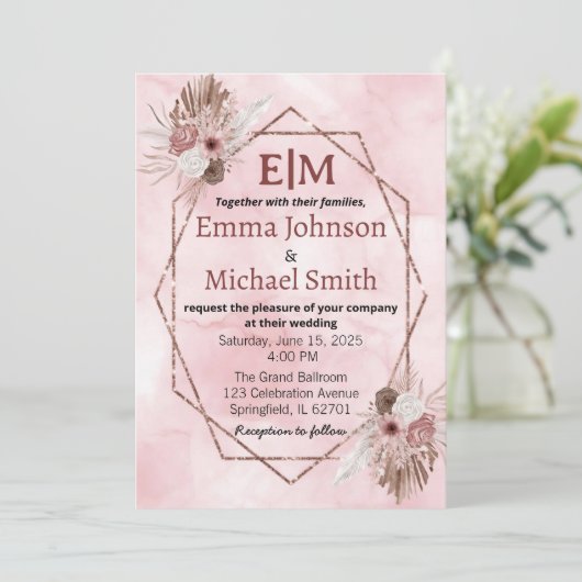 Chic Marmor und Blumen laden ein Einladung (Stehend Vorderseite)