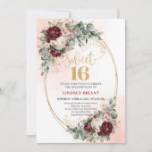 Chic Maroon Floral Gold Sweet 16 Birthday Invite Einladung (Vorderseite)