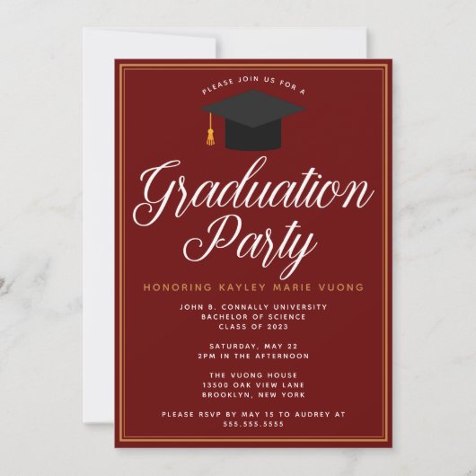 Chic Maroon Gold Custom 2025 Graduation Party Einladung (Vorderseite)