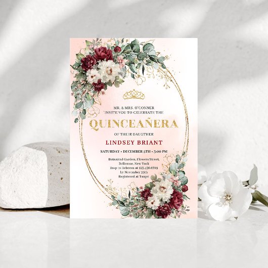 Chic Maroon Peony Eucalyptus 15th Birthday Invite Einladung