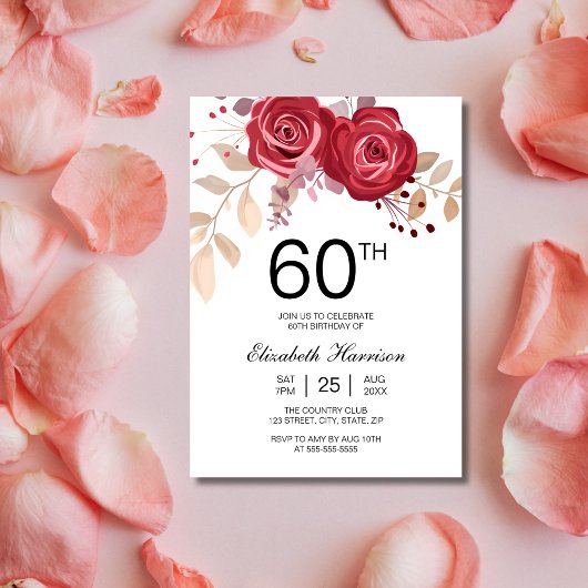 Chic Maroon Rose Floral Botanischer Geburtstag Einladung