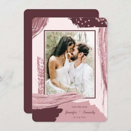 Chic Marsala Abstrakt Paint Brush Strokes Foto Save The Date (Vorne/Hinten)