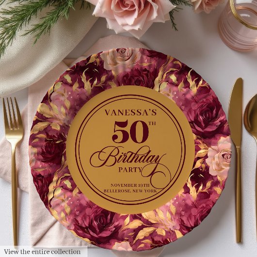 Chic Marsala Blush Gold Blume 50. Geburtstag Pappteller