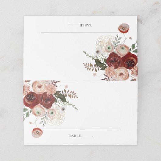 Chic Marsala Blush Ivory Floral Wedding Name Platzkarte (Außenseite Aufgefaltet)