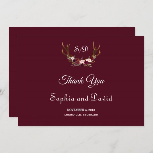 Chic Marsala Floral Antlers Wedding Vielen Dank Dankeskarte (Vorne/Hinten)