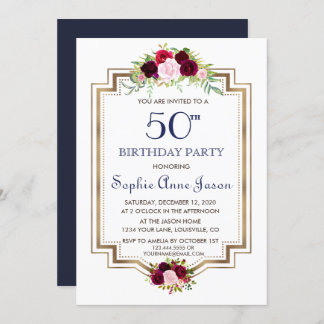 Chic Marsala Floral Navy Blue Gold 50. Geburtstag Einladung