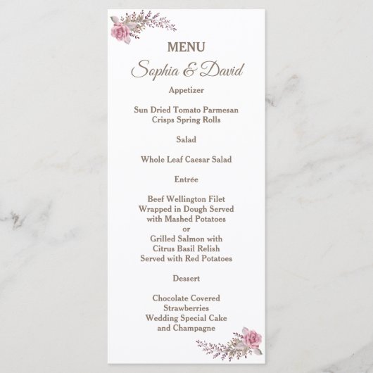 Chic Marsala Maroon Floral Watercolor Wedding Menu Menükarte (Vorderseite)