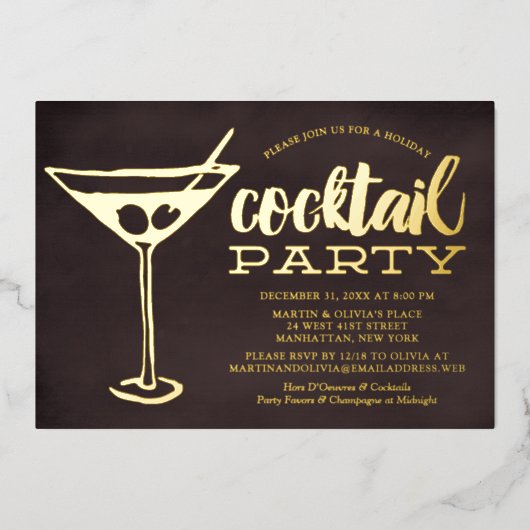 Chic Martini Silvestercocktail-Party Folieneinladung (Vorderseite)