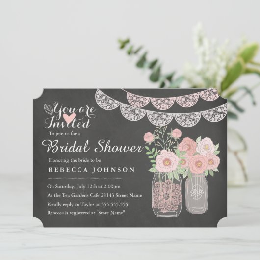 Chic Mason Jar & Chalkboard Brautparty Einladung (Stehend Vorderseite)