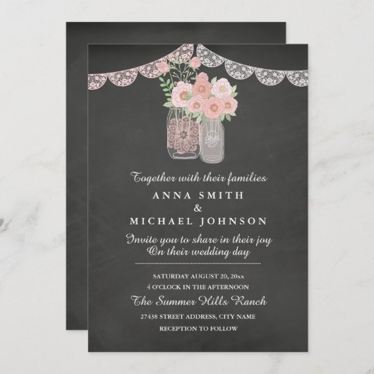 Chic Mason Jar & Chalkboard Wedding Einladung (Vorne/Hinten)