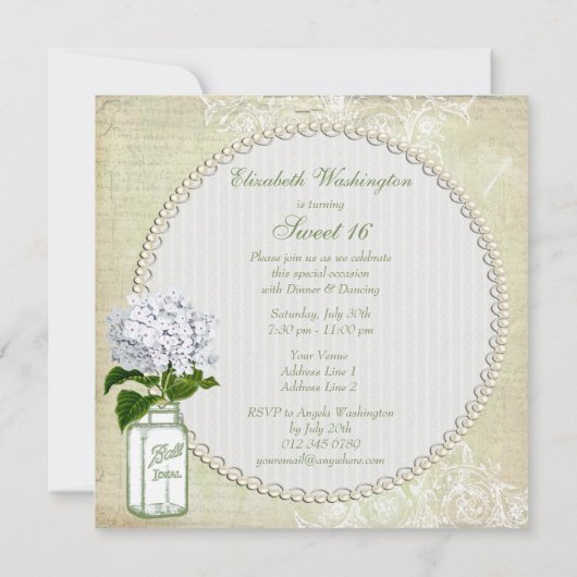 Chic Mason Jar & Hydrangea Sweet 16 Einladung (Rückseite)