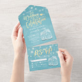 Chic Mason Jar String Light Blue Gold Wedding RSVP All In One Einladung (Abreißen)