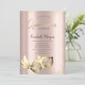 Chic Masque, Confetti Rose Gold Quinceñera Einladung (Stehend Vorderseite)