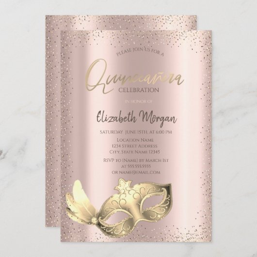 Chic Masque, Confetti Rose Gold Quinceñera Einladung (Vorne/Hinten)