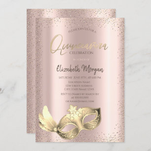 Chic Masque, Confetti Rose Gold Quinceñera Einladung