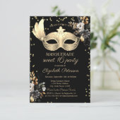 Chic Masque Diamonds Schwarze Rose Sweet 16 Einladung (Stehend Vorderseite)