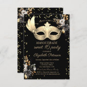 Chic Masque Diamonds Schwarze Rose Sweet 16 Einladung (Vorne/Hinten)